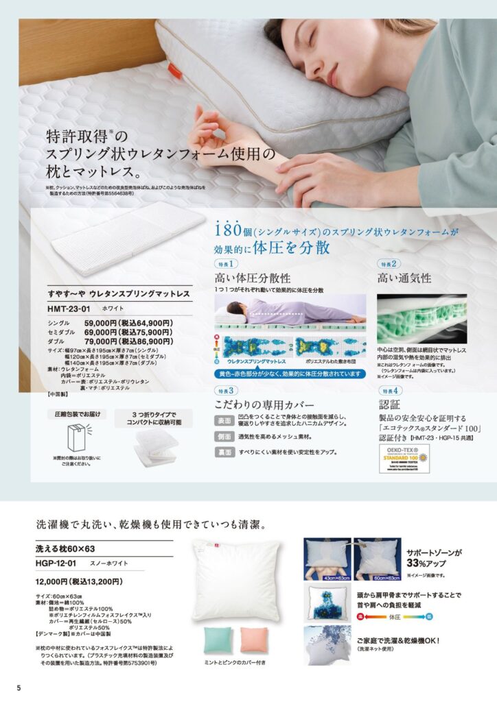 ジョアレットカタログのマットレス掲載ページ